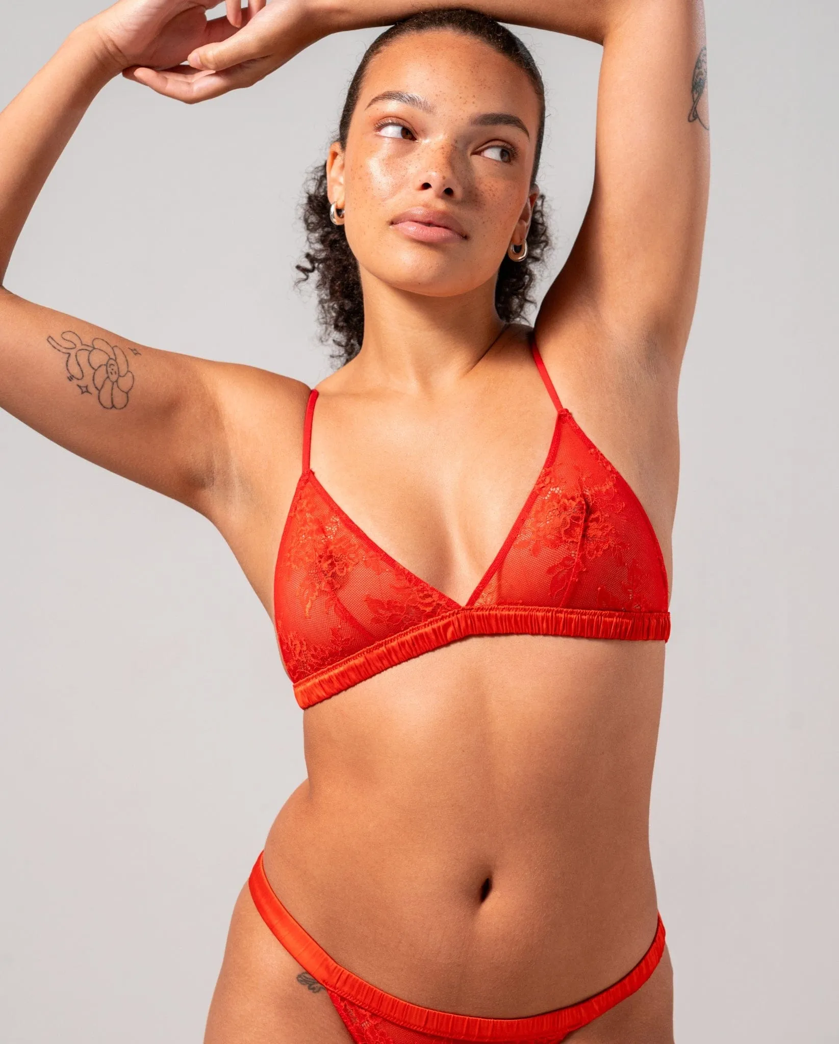 Floral Lace Satin Triangle Bralette Fiery Red