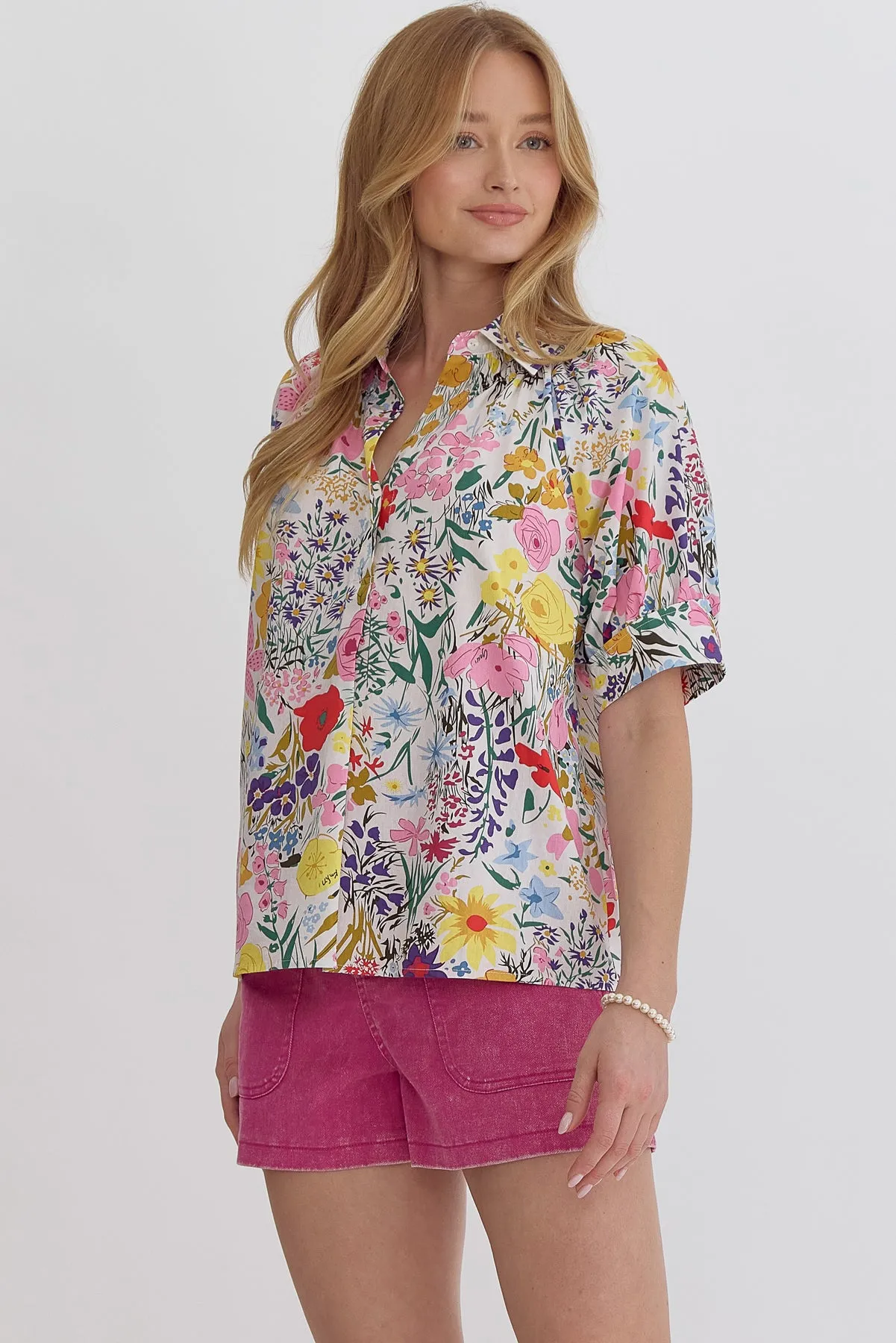 Floral Print Collared Top Featuring Button Closure