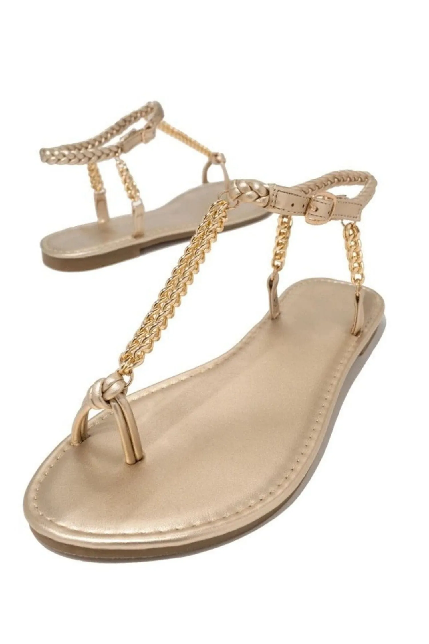 Gold Woven Ankle Straps Chain Flat Sandals