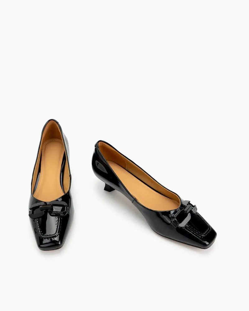 Horsebit Square Toe Low Kitten Heel Pumps