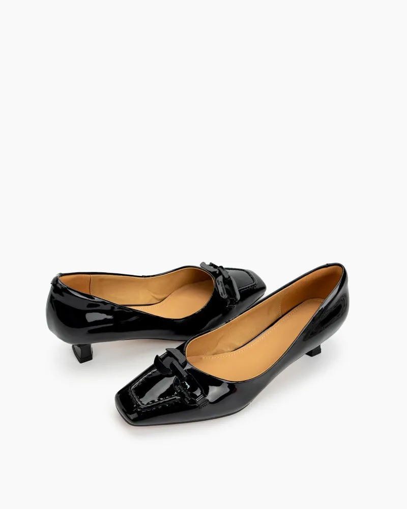 Horsebit Square Toe Low Kitten Heel Pumps