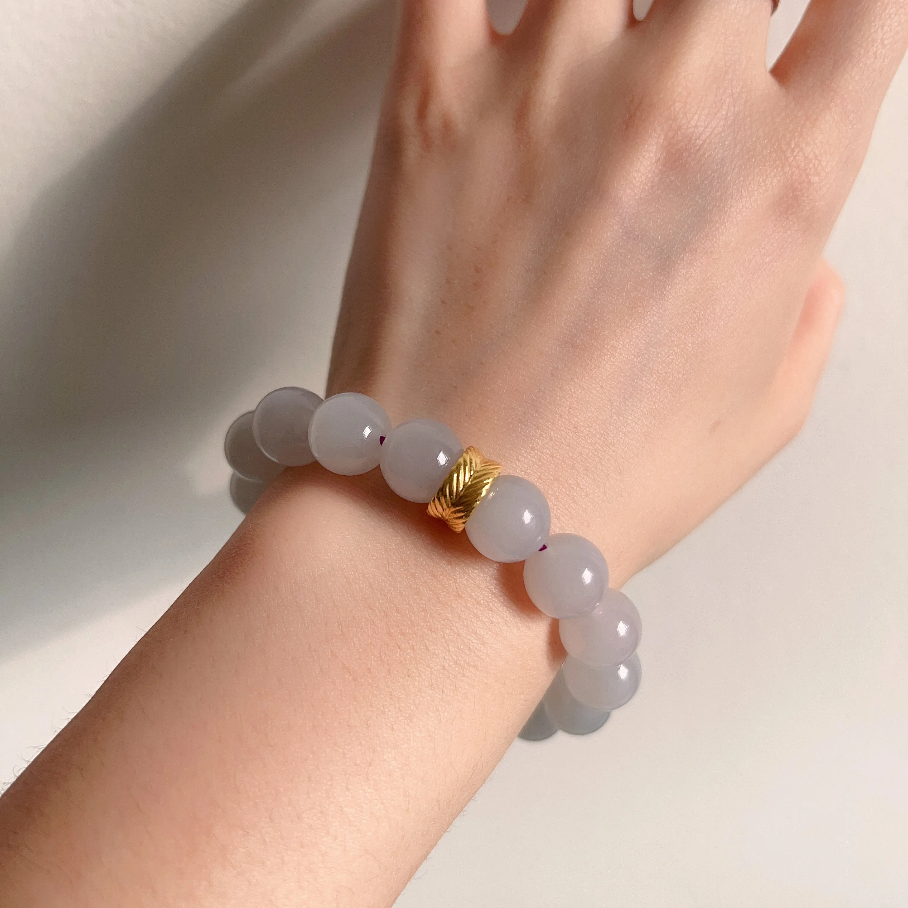 Mother’s Day Special 12mm Smoky Purple Nephrite Bracelet with 18K Yellow Gold Wheel Bead Charm