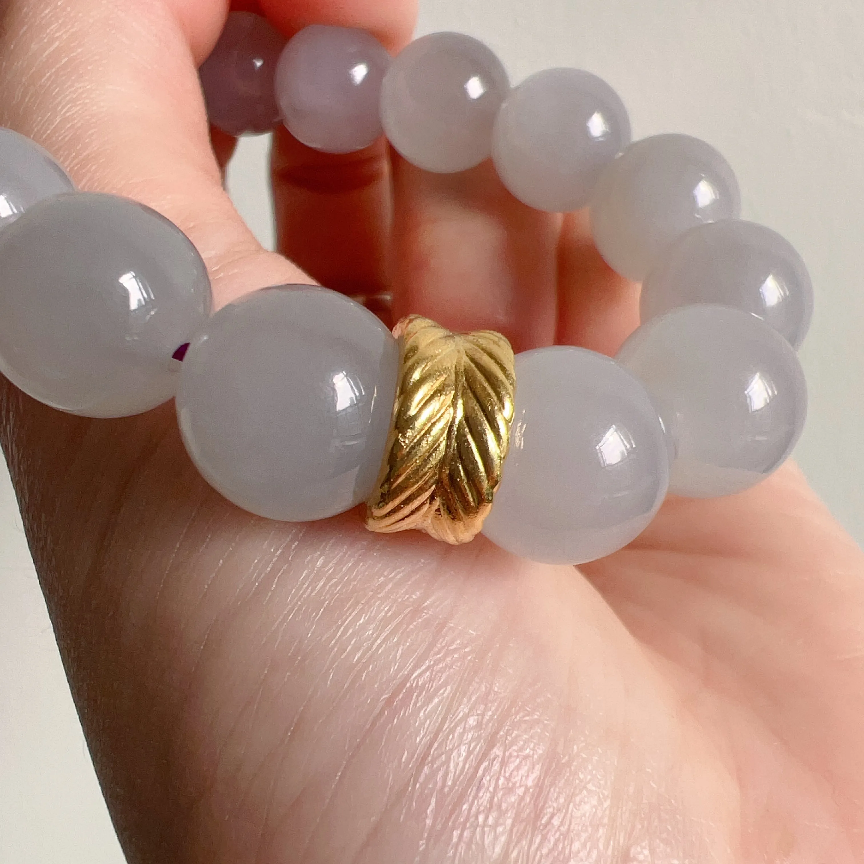 Mother’s Day Special 12mm Smoky Purple Nephrite Bracelet with 18K Yellow Gold Wheel Bead Charm