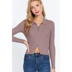 Notched Collar Zippered Sweater