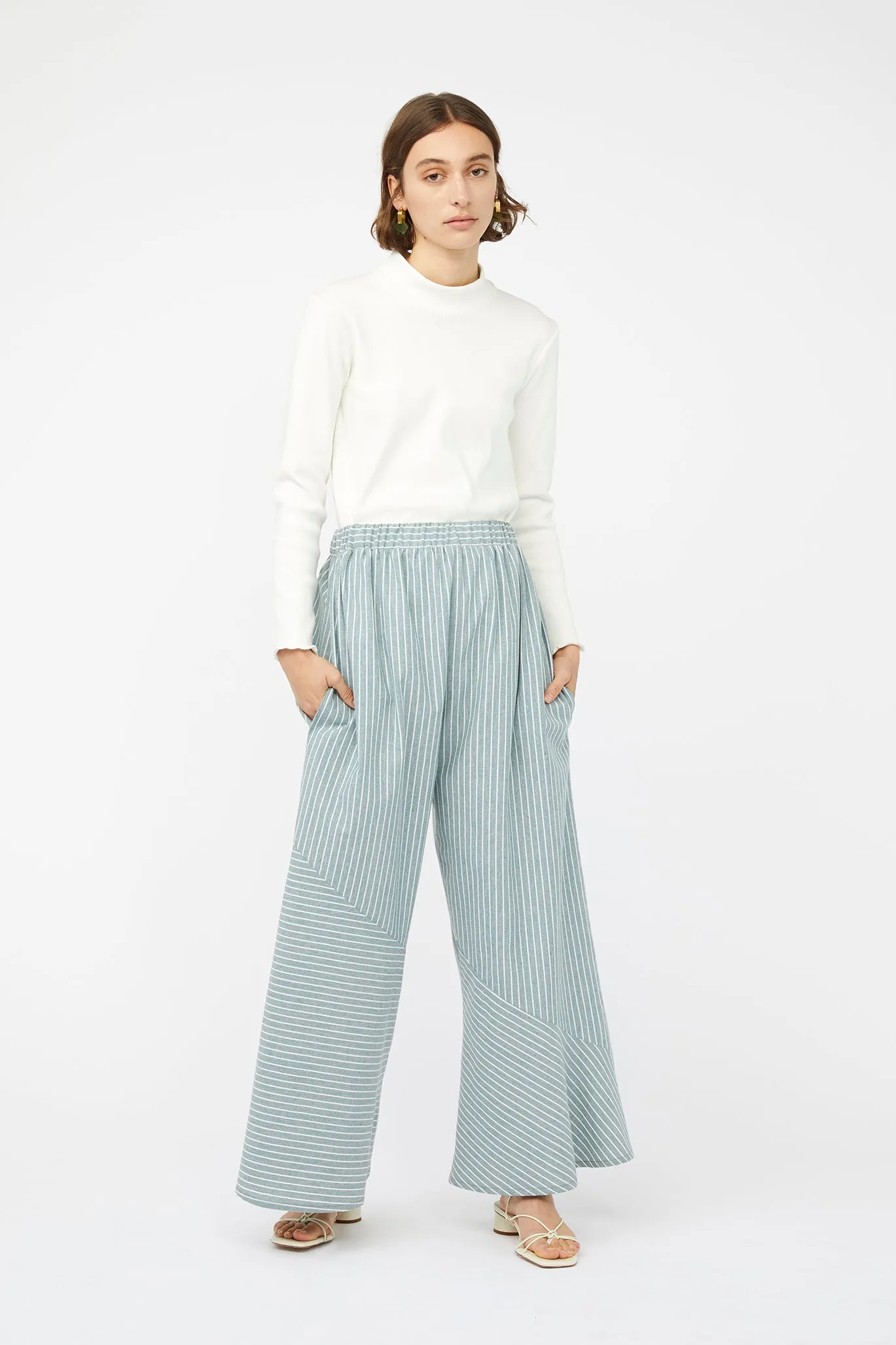 REFRACTION PANTS [ Sage Green & White Stripe Cotton ]