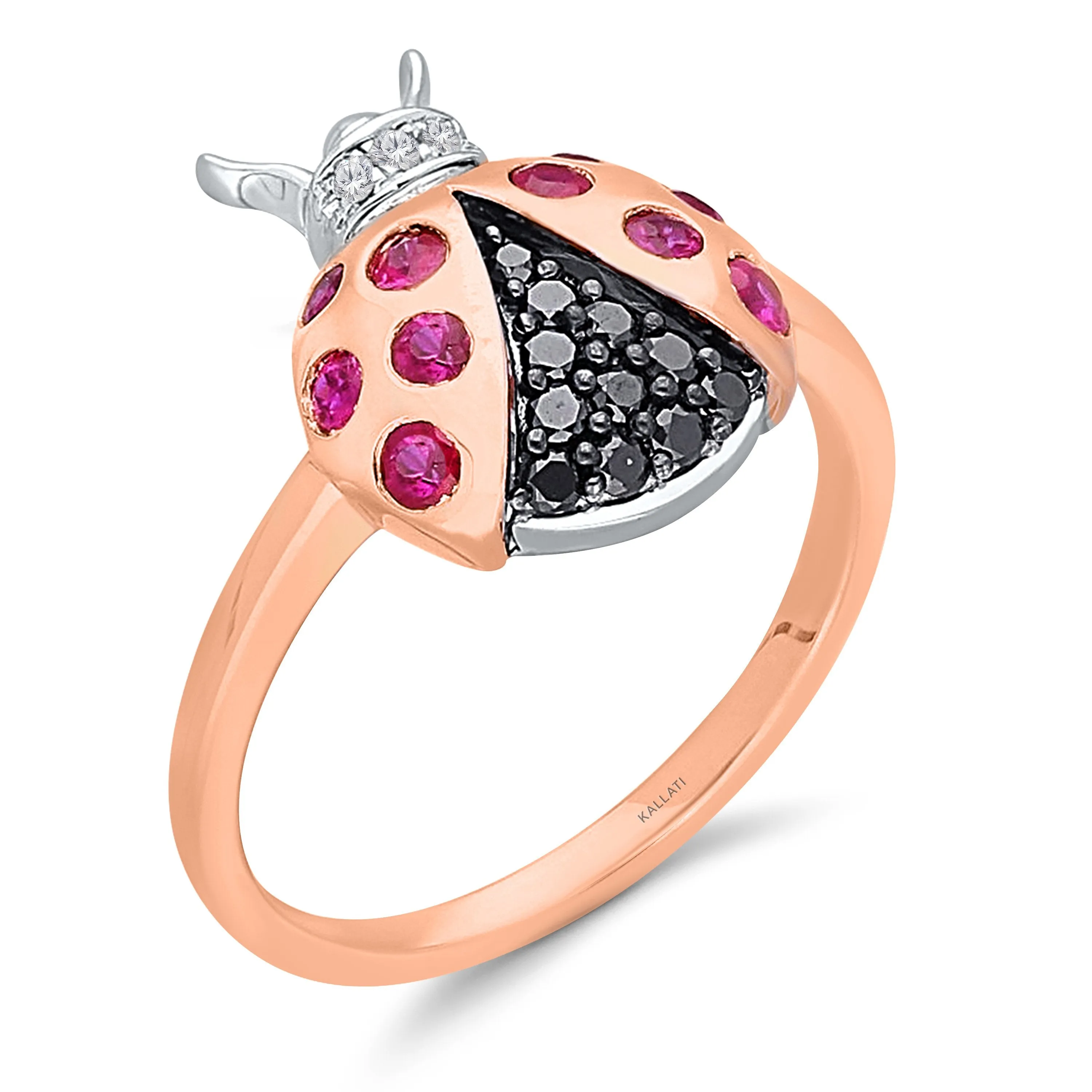 Rose Gold Ruby & Black Diamond Ladybug Ring