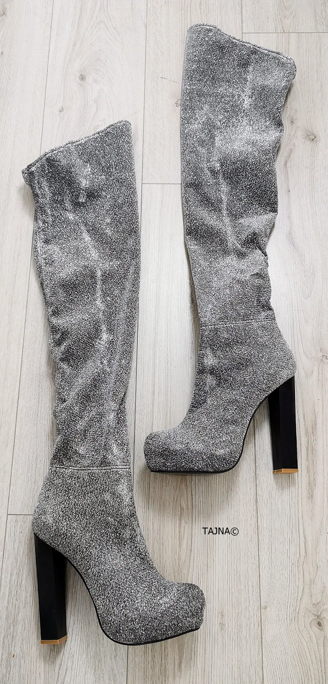 Silver Shiny Strech Fabric Long Boots