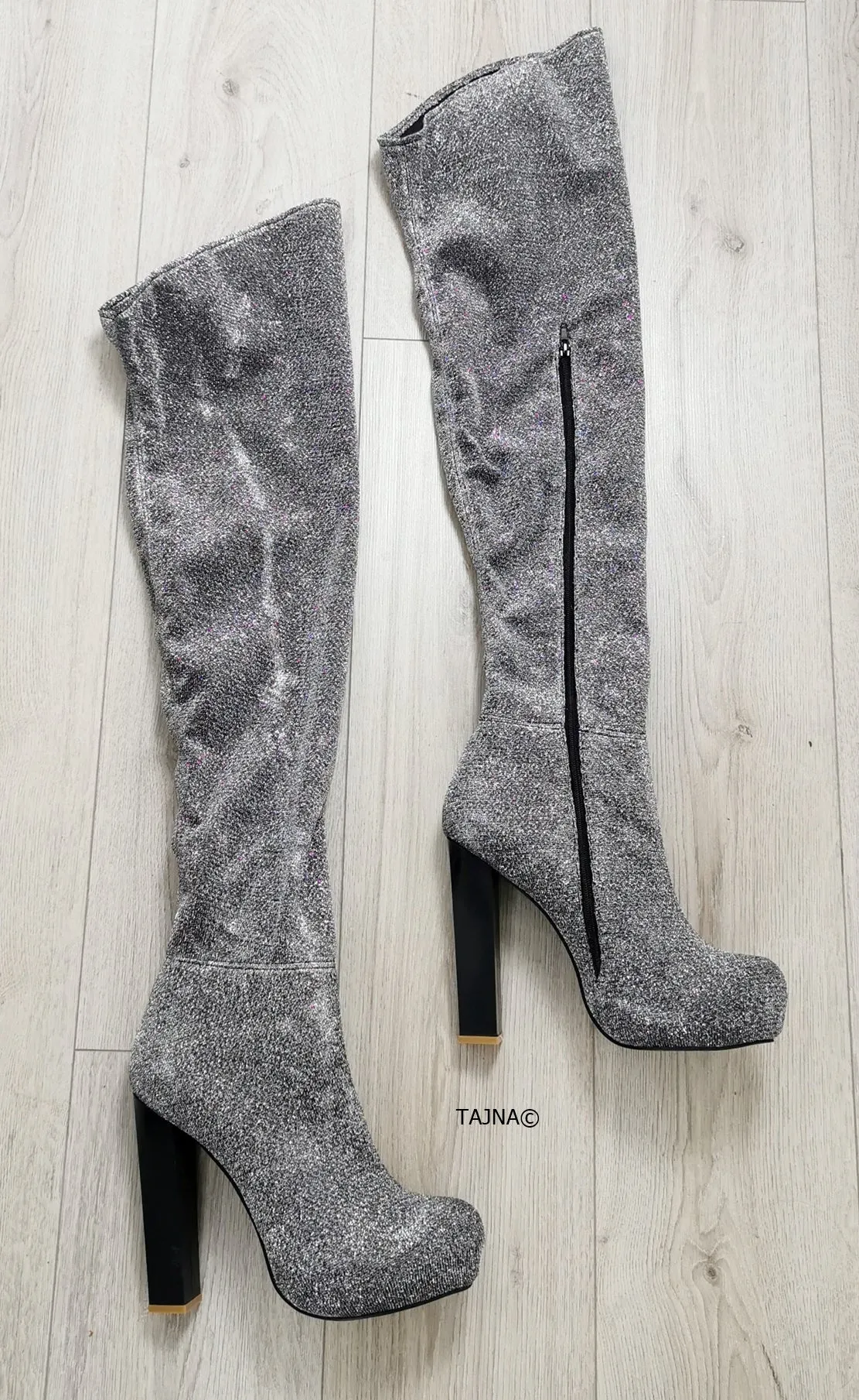 Silver Shiny Strech Fabric Long Boots