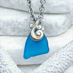 Vibrant Turquoise Sea Glass Pendant with Sterling Silver Ocean Waves Bail|#1714