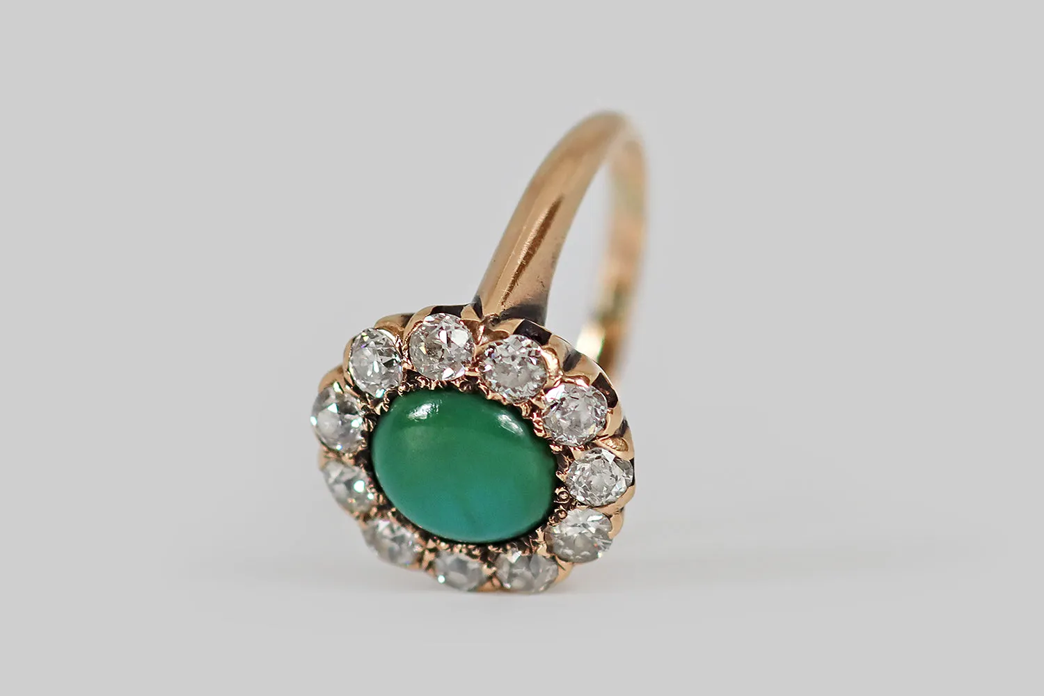 Victorian Green Turquoise & OEC Diamond Halo Ring