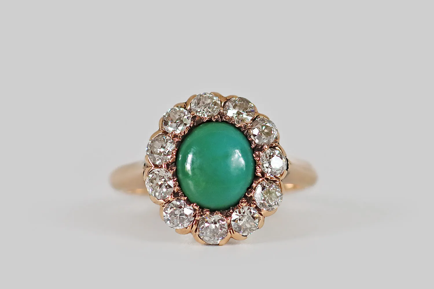 Victorian Green Turquoise & OEC Diamond Halo Ring